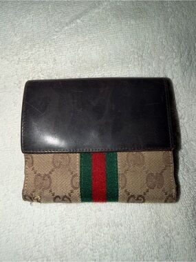 Gucci Brown Canvas & Leather Bifold Wallet with Red and Green Stripe with COA